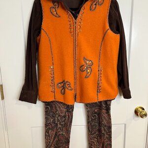 3 PcBrown & Orange Embellished Wool Vest, Brown Corduroy Shirt and Paisley Jeans